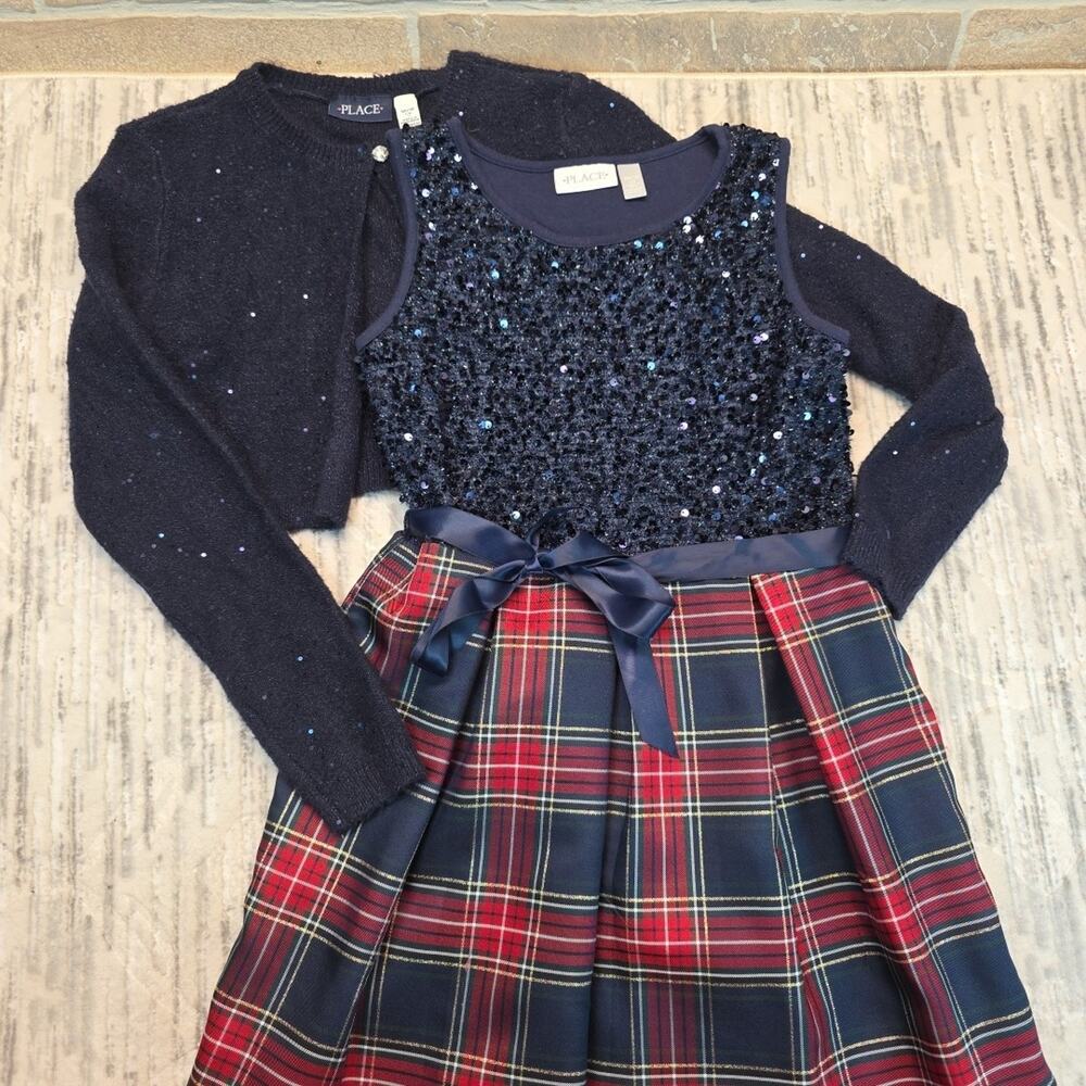 Place Dress Sleeveless Plaid Sequin Metallic Holiday With Sequin Cardigan Sz L